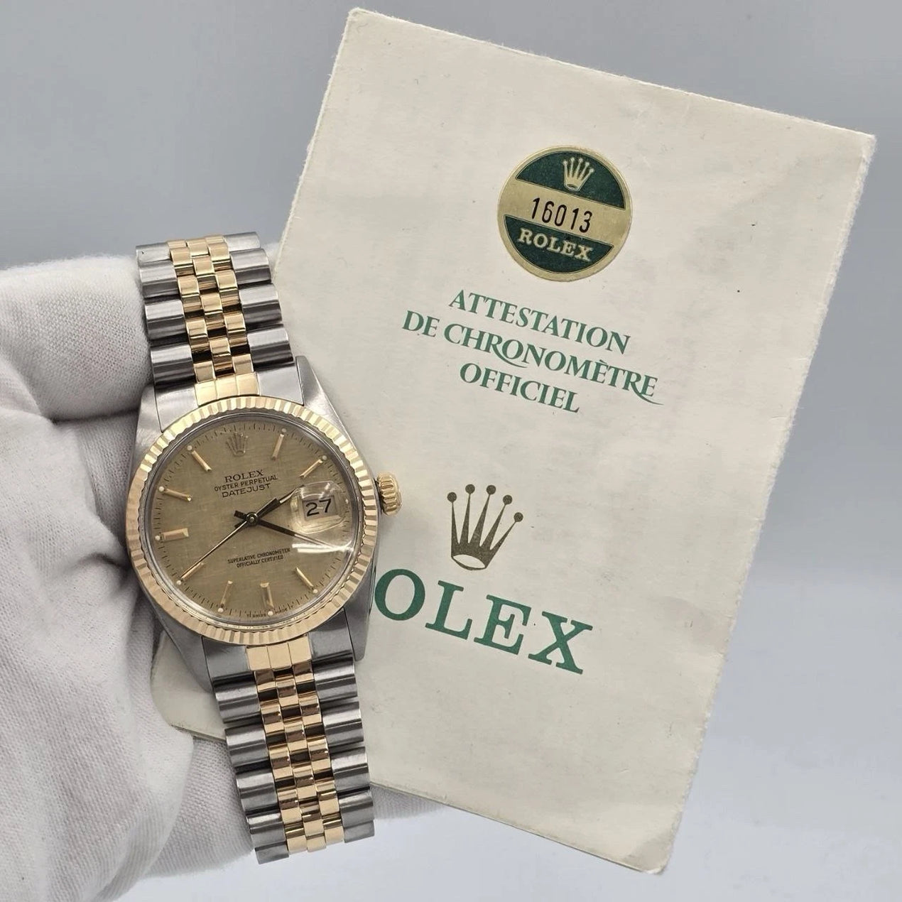 PAPERS Rolex Datejust Champagne Linen Two-Tone Gold Jubilee 16013 36mm Watch